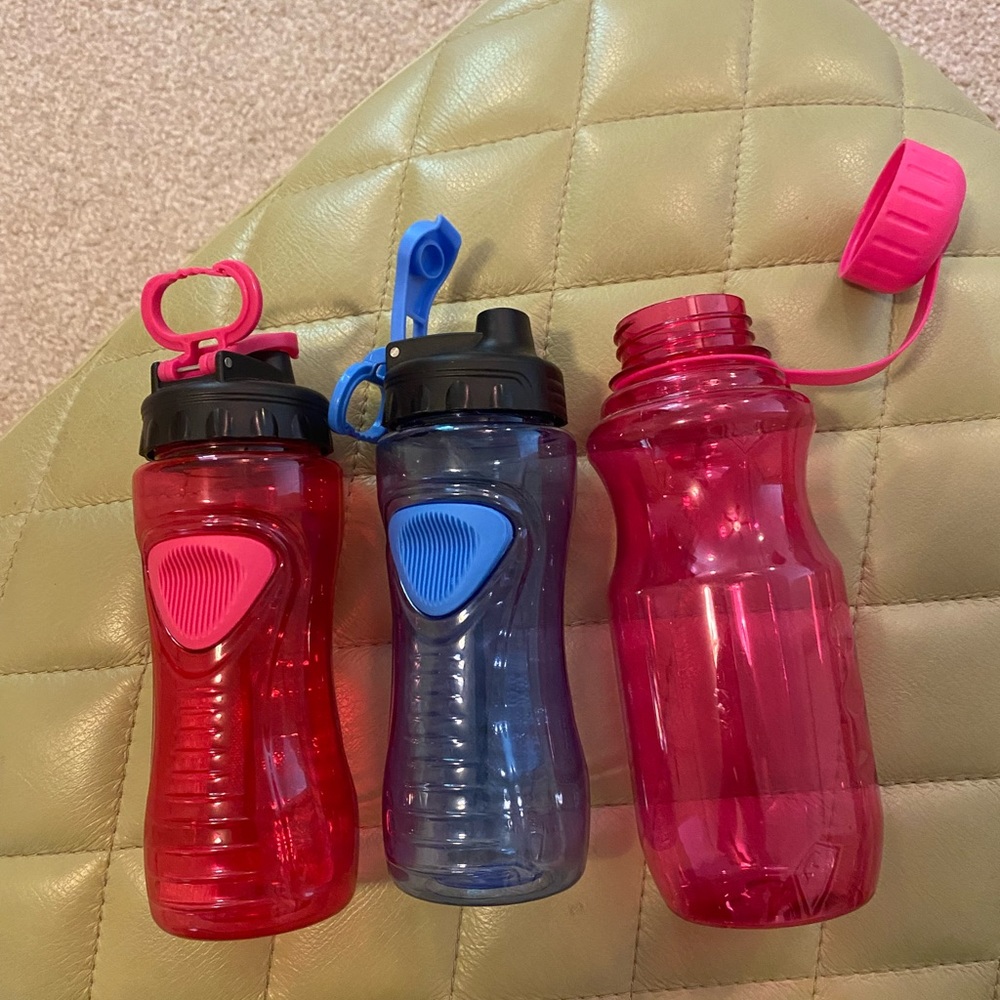 Water Bottles Plastic - 2 pink 1 blue - never used -